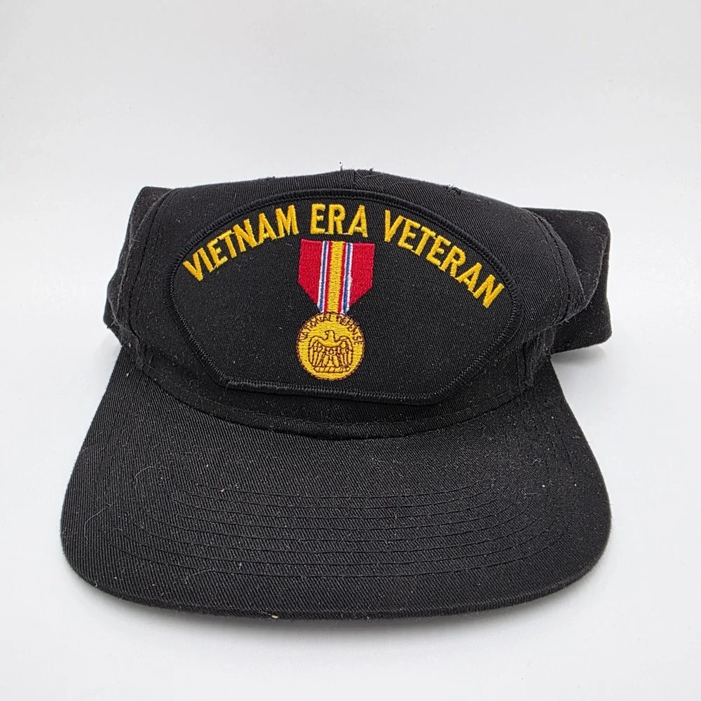 Vietnam Era Veteran Black Snapback Hat National Defense Medal YoungAn Hat Co